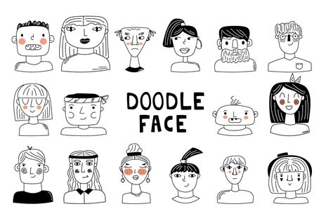 Set Doodle Faces Black And White Doodle Avatars Vector Hand Draw