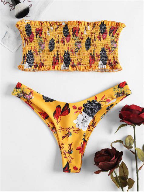 [32 Off] 2020 Bandeau Floral Smocked Bikini Set In Bee Yellow Zaful