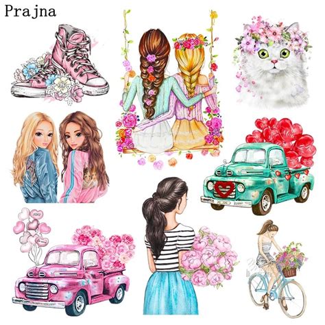 Prajna Fashion Girl Heat Transfer Patch Cartoon Flower Car Iron On