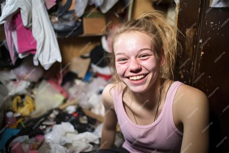 Premium Ai Image Teen Girl Smiling Amidst A Messy Room