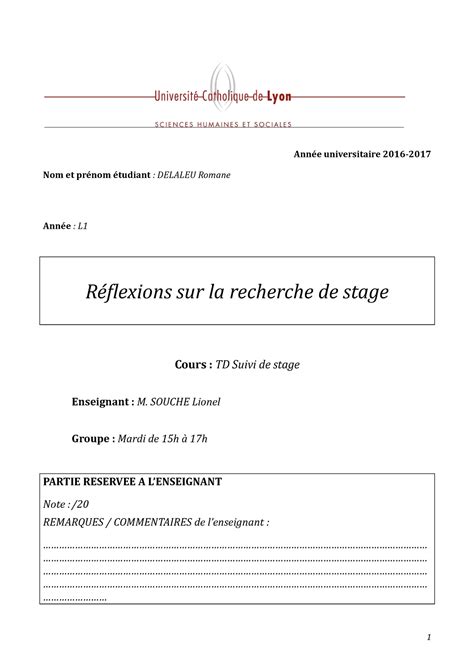 Dossier Stage Suivi Année Universitaire 2016 Nom Et Prénom étudiant