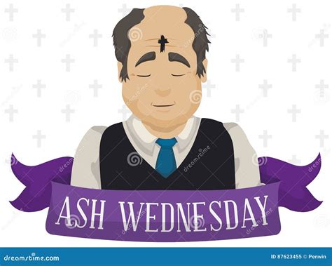 Old Man With Cross In His Forehead On Ash Wednesday Vector