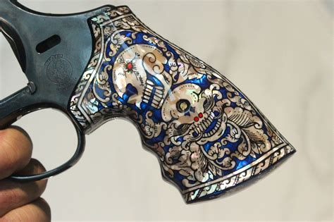 PEARL GRIPS FOR S W N FRAME SQUARE ROUND BUTT REVOLVER INLAY SKULL ART BLUE EBay