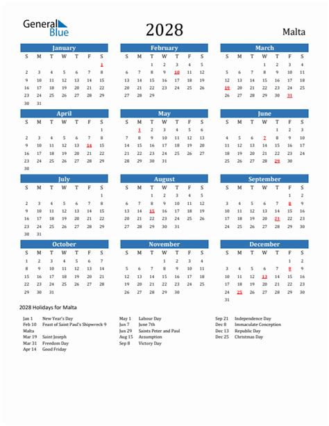 2028 Malta Calendar With Holidays