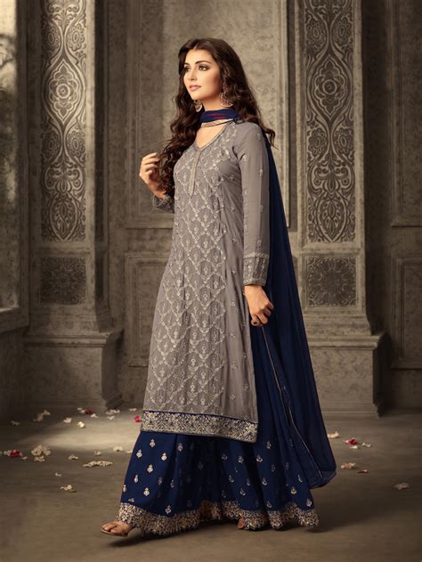 Satin Georgette Navy Blue Semi Stitched Anarkali Suit With Printed Dupatta