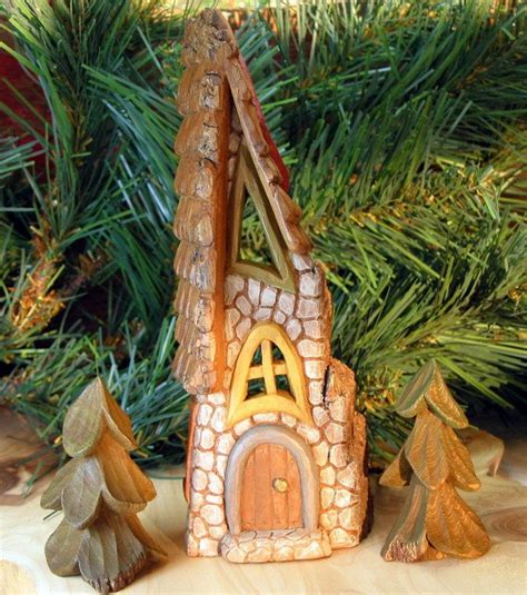 Hand Carved Whimsical Fairy House And Pine Trees Set Wood Carving