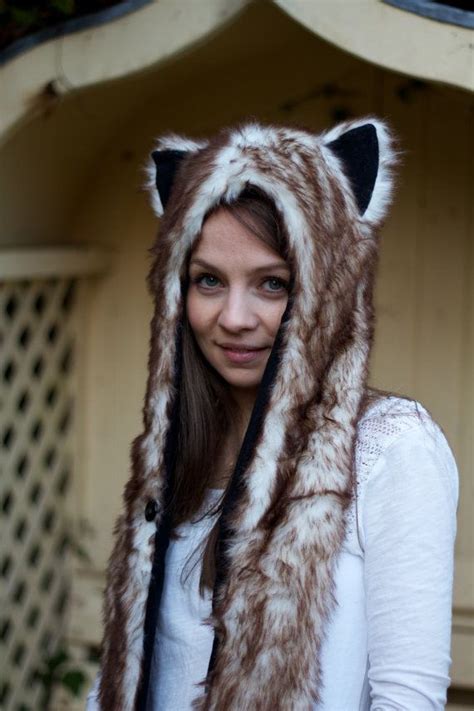 New Animal Snood Hood Arctic Fox Faux Fur Hat With Scarf Mittens