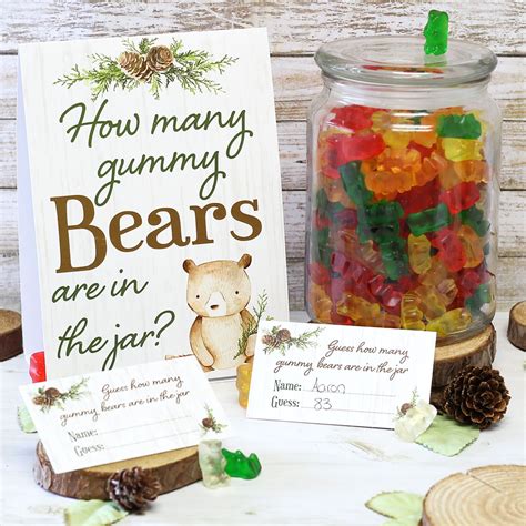 Guess How Many Gummy Bears Woodland Baby Shower Game Sign With Cards