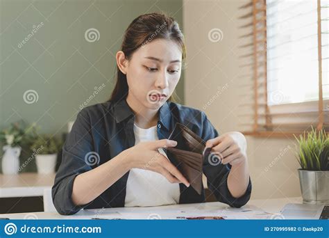 Stressed Problem People Asian Woman Girl Holding And Open An Empty Wallet Not Have Money