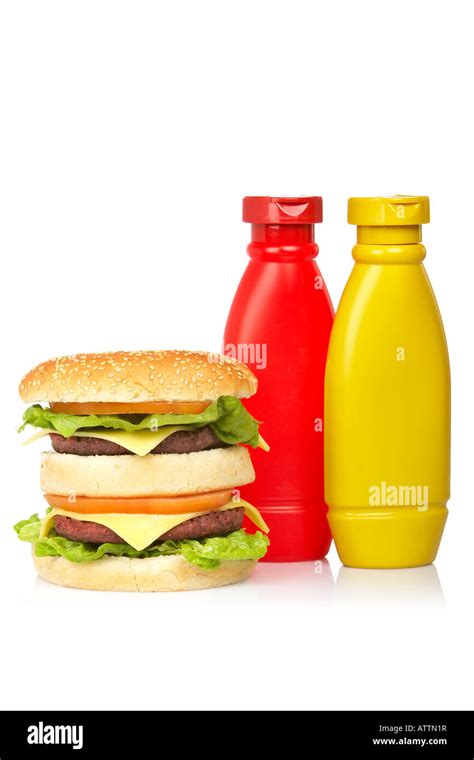 Double Cheeseburger With Mustard And Ketchup Bottles Reflected On White