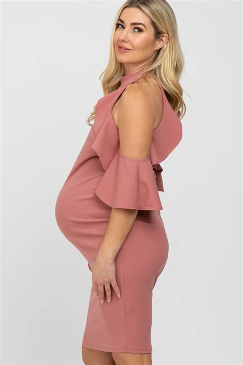 mauve mock neck ruffle trim fitted maternity dress pinkblush