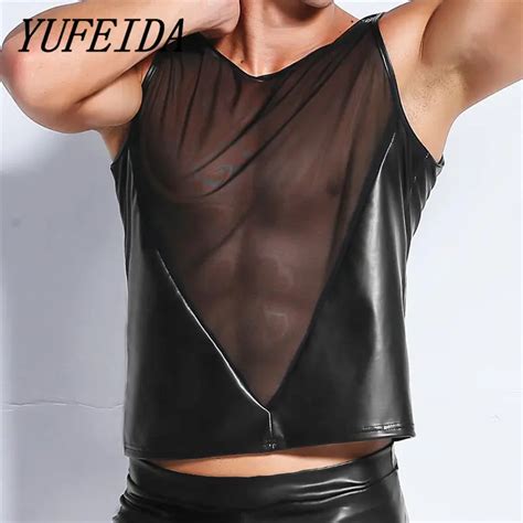Yufeida Men S Sleeveless Black Faux Leather Vest Pu Undershirt Tank Top
