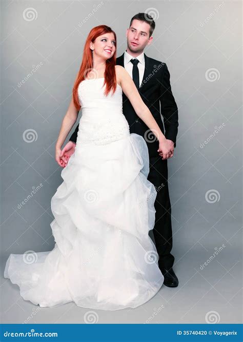 Happy Married Couple Bride Groom On Gray Background Stock Photo Image