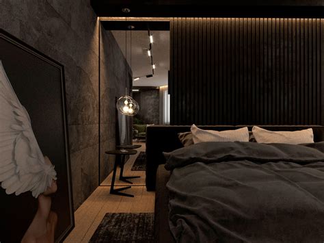 A Bedroom With A Large Bed And Dark Colored Linens On The Walls Along