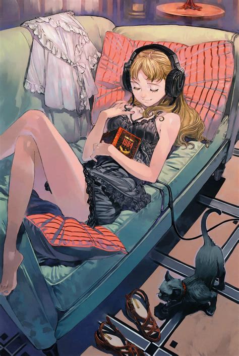 Anime Girl Headphones Cat Animal Book Mood Wallpapers Hd