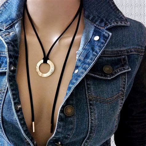 Black Lariat Suede Leather Women Necklace 0 Ring Gold Pendant Handmade