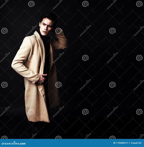 Cool Real Young Man In Coat On Black Background Stock Image Image Of