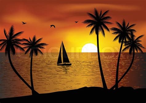 "vector illustration of Tropical beach ... | Stock vector ... At the time of sunset, more light is piercing the atmosphere than at other times during the day.