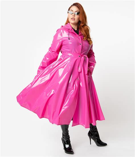 vintage inspired plus size hot pink vinyl long sleeve raincoat