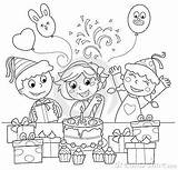 Birthday Coloring Happy Illustration Children Friends Gifts Decorations sketch template