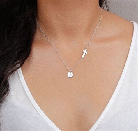 Silver Sideways Cross Necklace And Initial Charm SMALL Cross Monogram