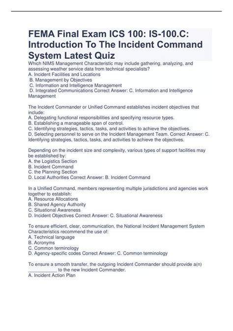 FEMA Final Exam ICS 100: IS-100.C: Introduction To The Incident Command
