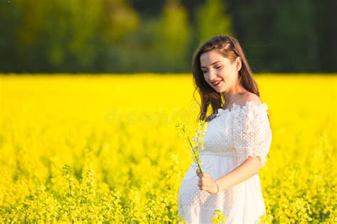 Pregnant Girl In A White Dress Outdoor Natural Portrait Of Beautiful Pregnant Woman In White