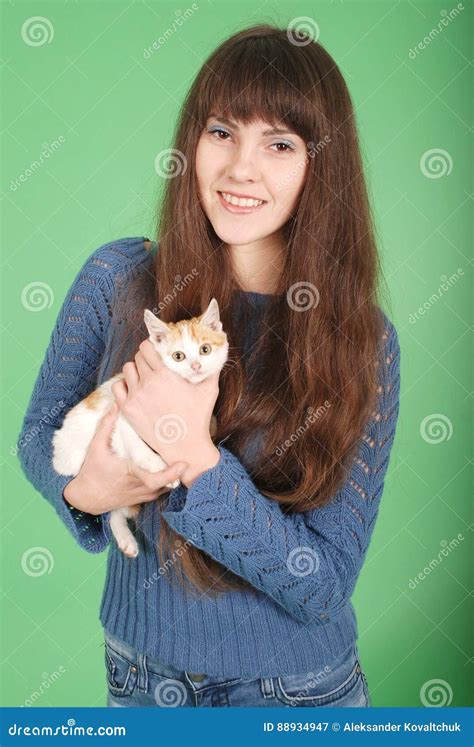 Beautiful Smiling Brunette Girl And Her Cat Stock Image Image Of Care