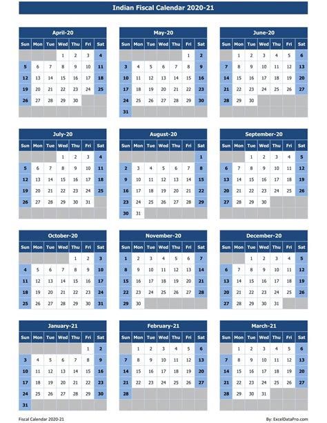 Free 2021 calendars in pdf, word and excel. Download Indian Fiscal Calendar 2020-21 Excel Template - ExcelDataPro