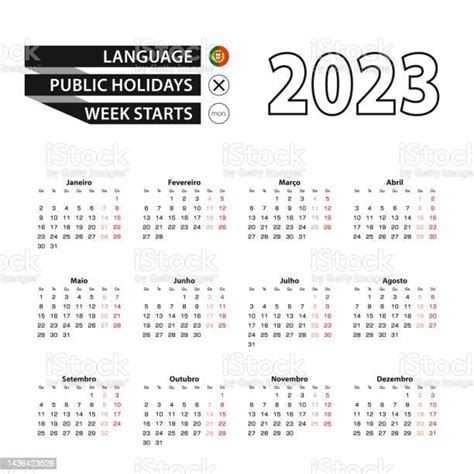 Vetores De Calendário 2023 Em Língua Portuguesa A Semana Começa Na