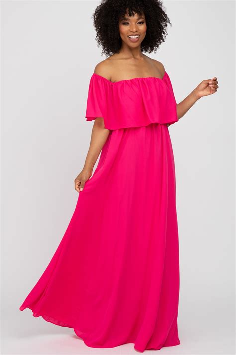 Fuchsia Chiffon Off Shoulder Maternity Gown Pinkblush