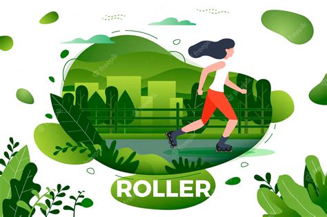 Premium Vector Sporty Girl Roller Skating City Park Trees Hills