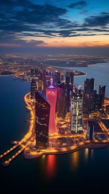 Premium Ai Image Aerial Skyline Of Doha From Airplane At Dusk Qatar