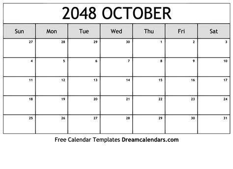 October 2048 Calendar Free Printable With Holidays And Observances