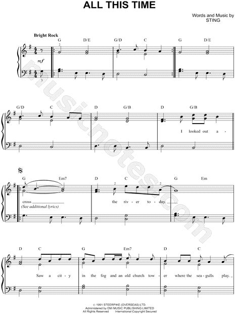 Sting All This Time Sheet Music Easy Piano In G Major Download