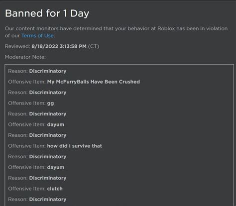 I Got Banned On Roblox For 1 Day I Cut Out The Sentance I Got Banned