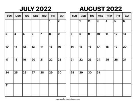 July And August 2022 Calendar Calendar Options