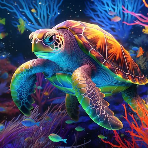 Premium Photo Brightly Colored Turtle Swimming In A Coral Reef With