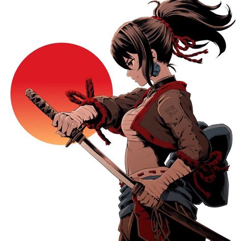 A Woman Holding Two Swords In Front Of A Red Sun