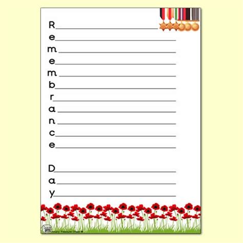 Remembrance Day Acrostic Poem Portrait Sheet Primary Treasure Chest