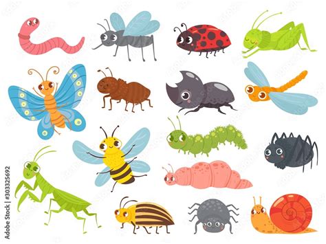 Cute Cartoon Insects Funny Caterpillar And Butterfly Children Bugs