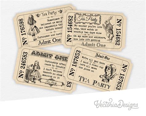 Alice In Wonderland Tickets Printable Invitations Party Supplies Tea