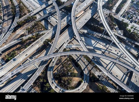 Aerial View Of The 110 And 105 Freeway Interchange Ramps And Bridges