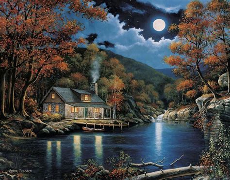 Moonlight Night Cabin Painting Lake Painting Landscape Paintings