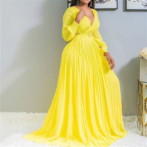 Sexy Yellow Plus Size Loose Womens Long Dresses Pleated Dinner Evening