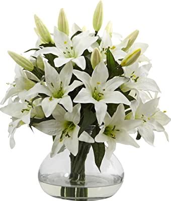 Amazon Com Nearly Natural 1434 Lily Silk Arrangement With Glass Vase