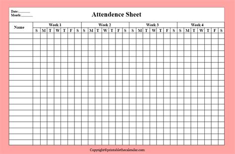 Blank Attendance Sheet Printable The Calendar