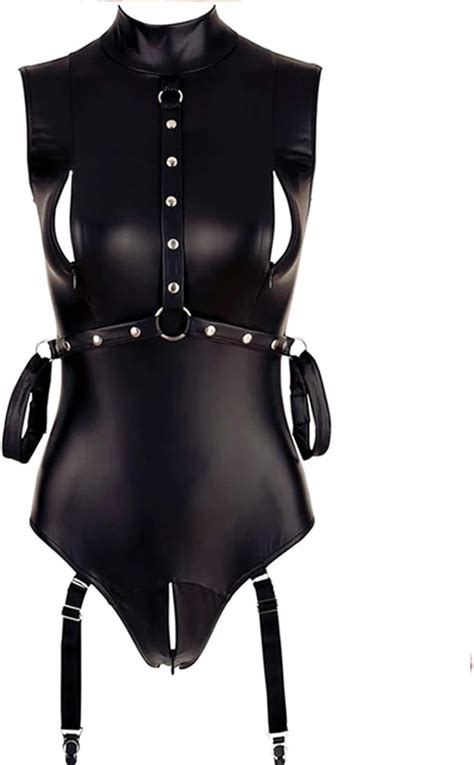 Latex Catsuit For Women Zipper Open Breast And Open Crotch Wet Look Bodysuit With Arm Restraints