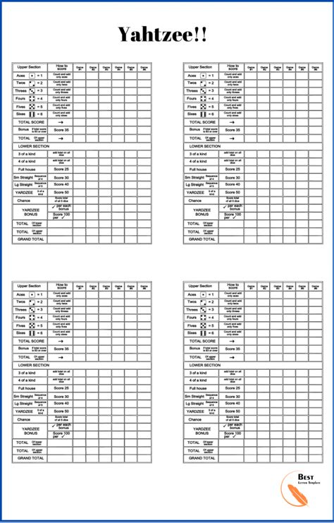 printable yahtzee score cardssheet pdf online