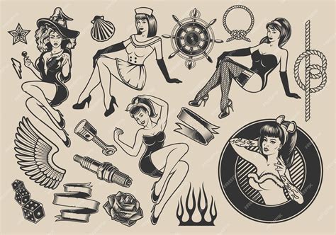 premium vector set of illustrations with girls with elements for on the themes of pin up girls